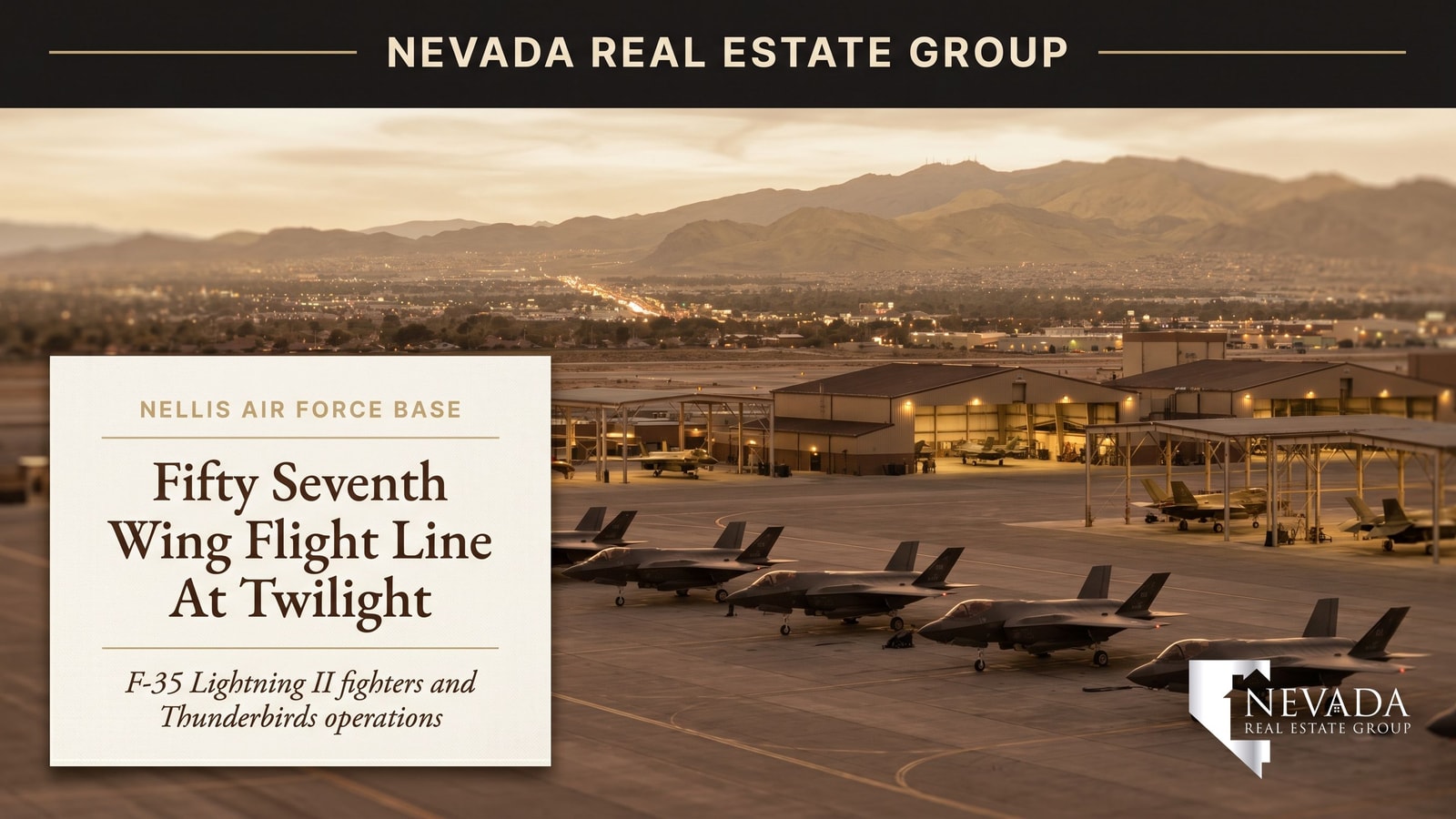 Nellis Air Force Base flight line with F-35 Lightning II aircraft on the apron — Las Vegas, Nevada